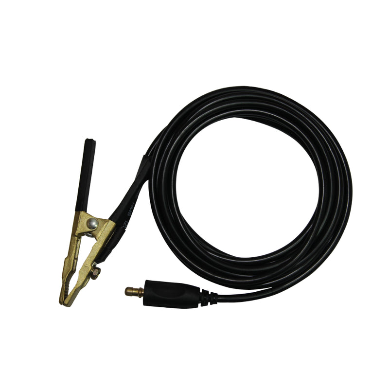 13 foot black cable with ground clamp on one end and a dinse connection for a cougartron weld cleaner on the other