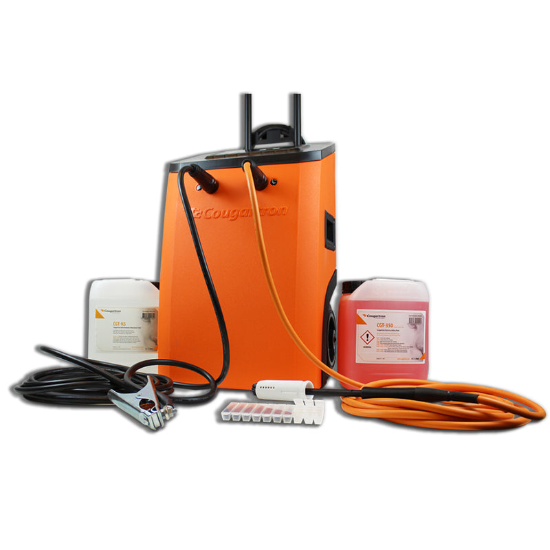 cougartron fury 200 weld cleaning machine with weld cleaning tools brushes and solution