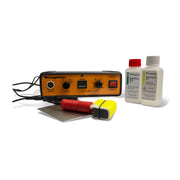 close up of cougartron MK612 metal etching machine showing two etching solutions