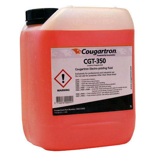 5 liter jug of Cougartron CGT-350 electrochemical weld cleaning solution