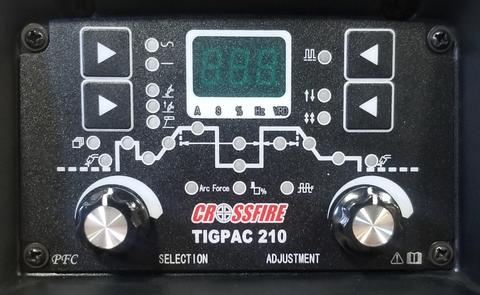 close up of the control panel of crossfire tigpac 210 acdc tig welder