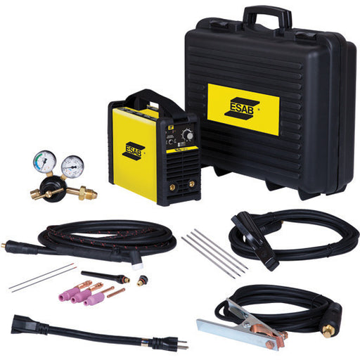 esab es 95i stick and tig package showing tig torch, stick electrode holder, ground clamp, argon flow meter, and carrying case