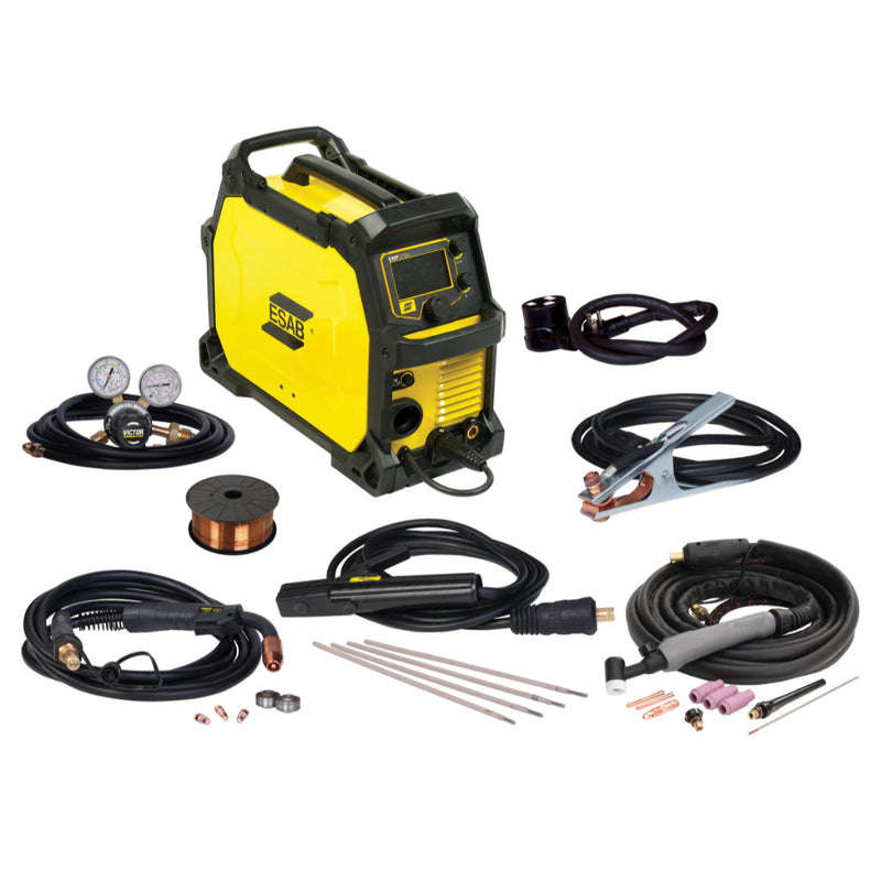 ESAB Rebel EMP 215ic welder package showing tig torch, mig torch, stick stinger, argon flowmeter, and ground clamp