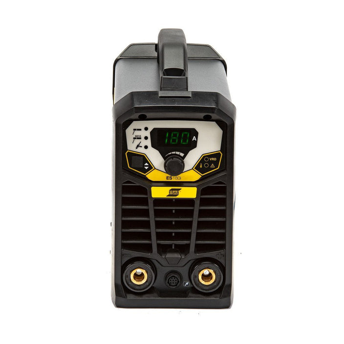 front of esab rogue 180 stick welder showing connecttions for stinger and ground clamp