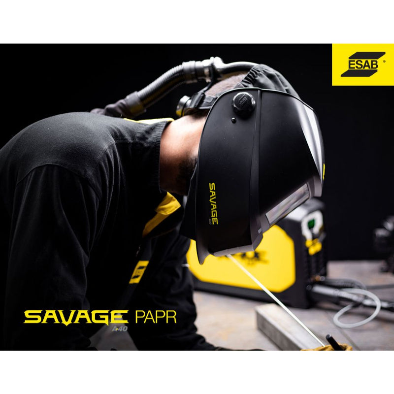 man welding wearing esab savage a40 papr welding helmet