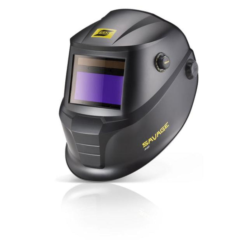 45 degree angle view of black esab savage a40 welding helmet