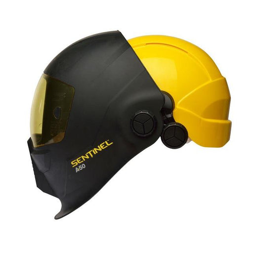 Hard hat with ESAB sentinel a50 welding helmet pulled down