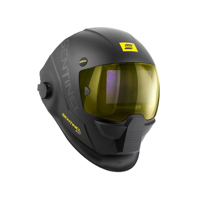 angled view of esab sentinel a60 welding helmet showing grind button