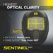 infographic of esab sentinel a60 welding helmet detailing the perfect 1/1/1/1 optical clarity rating