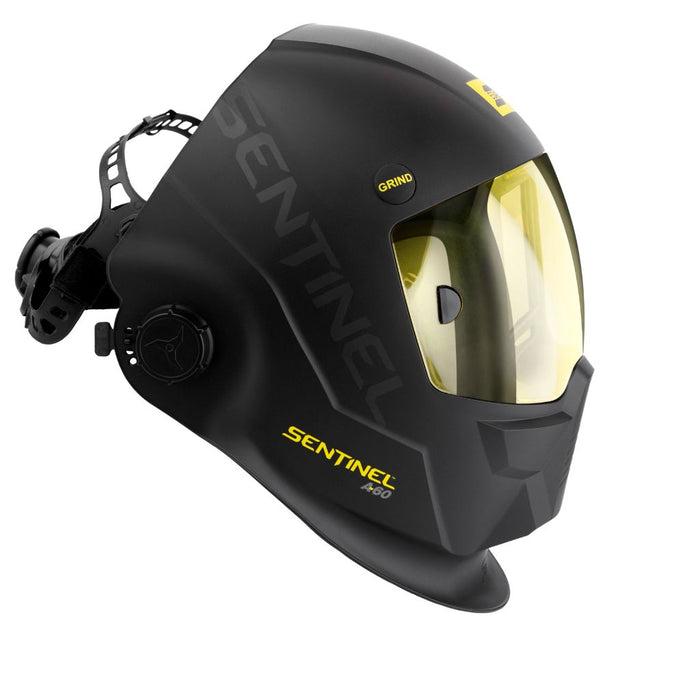right side view of esab sentinel a60 welding helmet showing grind button