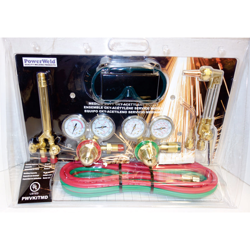 Metalmaster victor style oxy acetylene torch kit containing cutting torch, regulators, gas hose, and goggles inside of plastic packaging