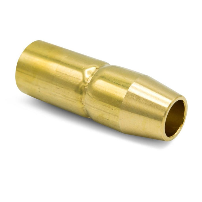 brass mig nozzle for miller mdx-100 mig gun showing tapered end and 1/2 inch opening diameter