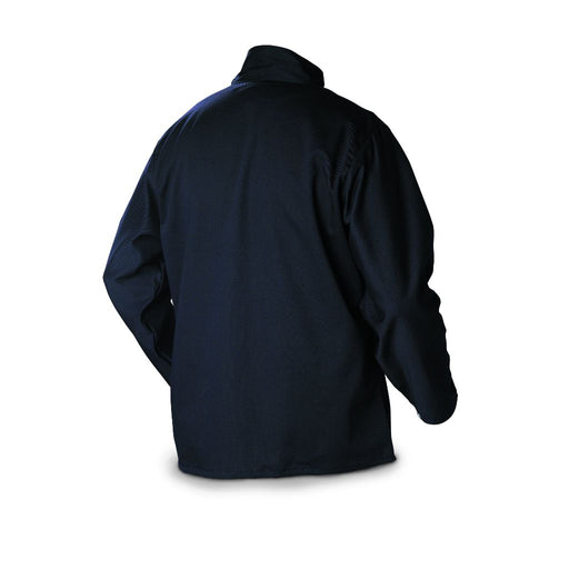 dark blue cloth miller welding jacket showing collar and sleeves