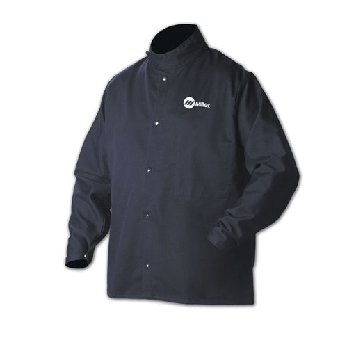 dark blue miller cloth welding jacket front showing miller electric logo