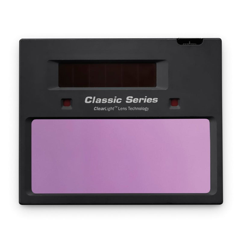 outside view of lens of miller classic series welding helmet showing 2 sensors