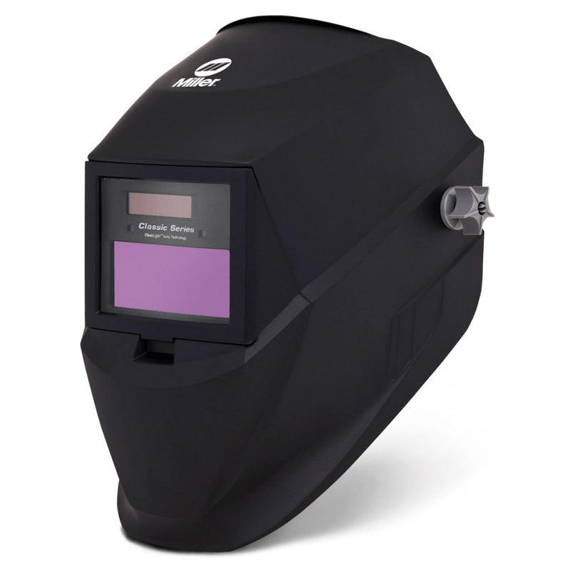 black miller welding helmet facing left showing knob of headgear