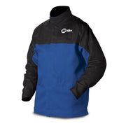 black and blue miller welding jacket made of flame retardant indura fabric and leather