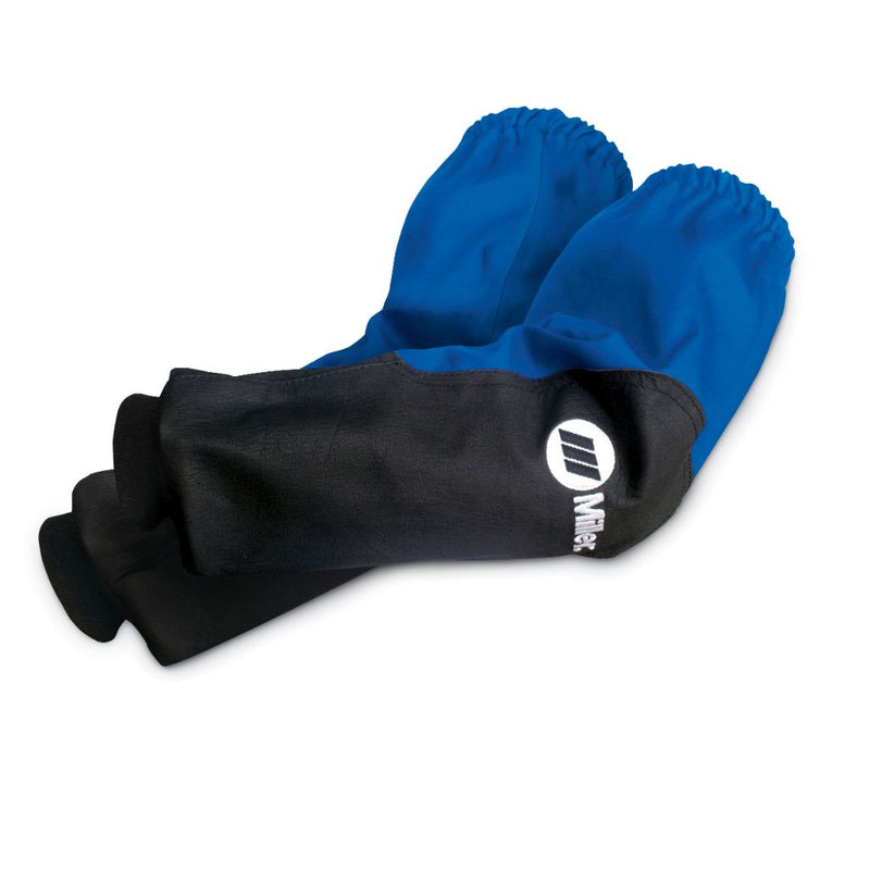 black and blue welders sleeves showing miller electric logo
