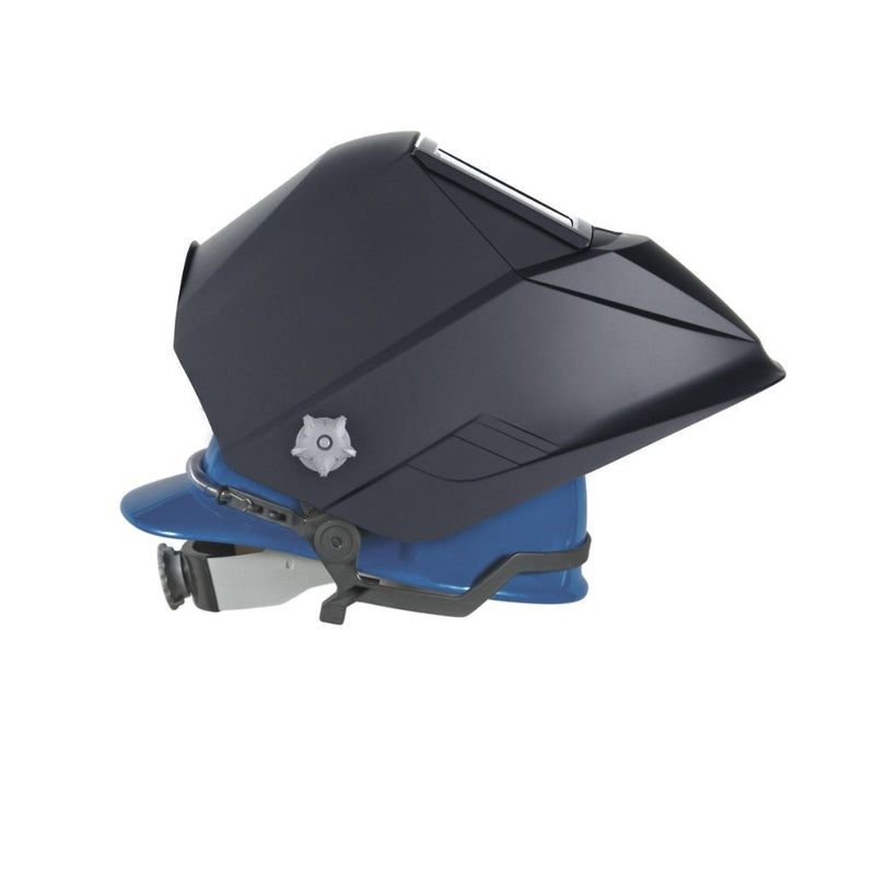 Miller welding helmet attached to a blue hard hat