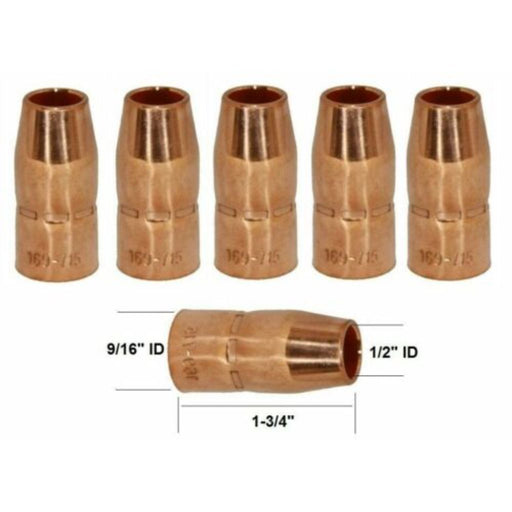 series of 6 miller copper mig nozzles with 169-715 stamped on side. Single nozzle showing dimensions