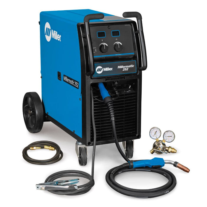 Miller millermatic 252 blue mig welder on cart showing mig torch ground clamp argon flowmeter and gas hose