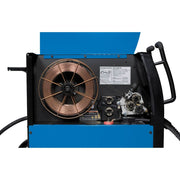 internal view of miller millermatic 252 mig welder showing drive rolls and mig wire