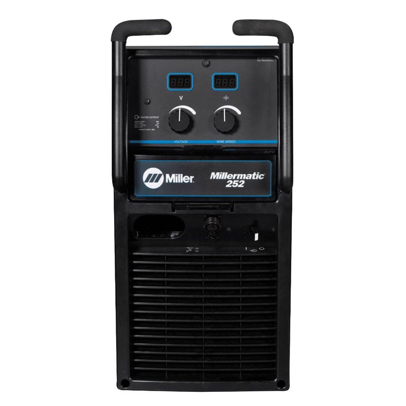 control panel of a miller millermatic 252 mig welder showing control nobs and port