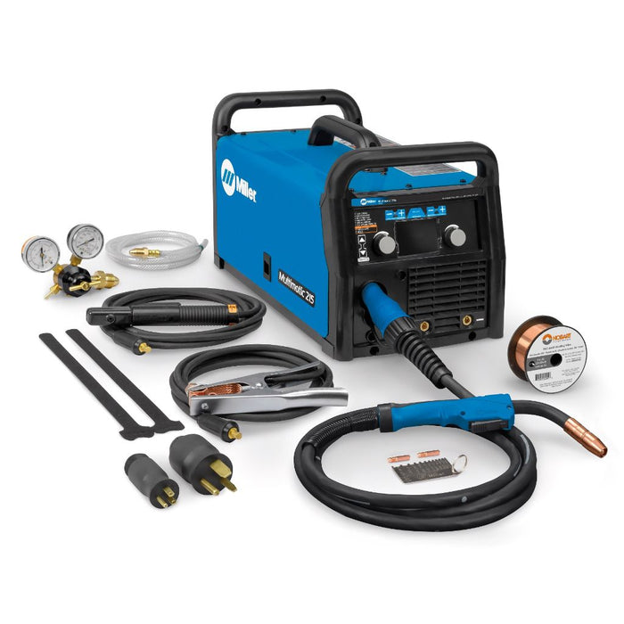 miller multimatic 215 multiprocess welder with mig gun, ground clamp, stick stinger, gas meter, and hobart wire