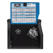 inside of miller multimatic multiprocess welder showing drive rolls and welding parameter chart