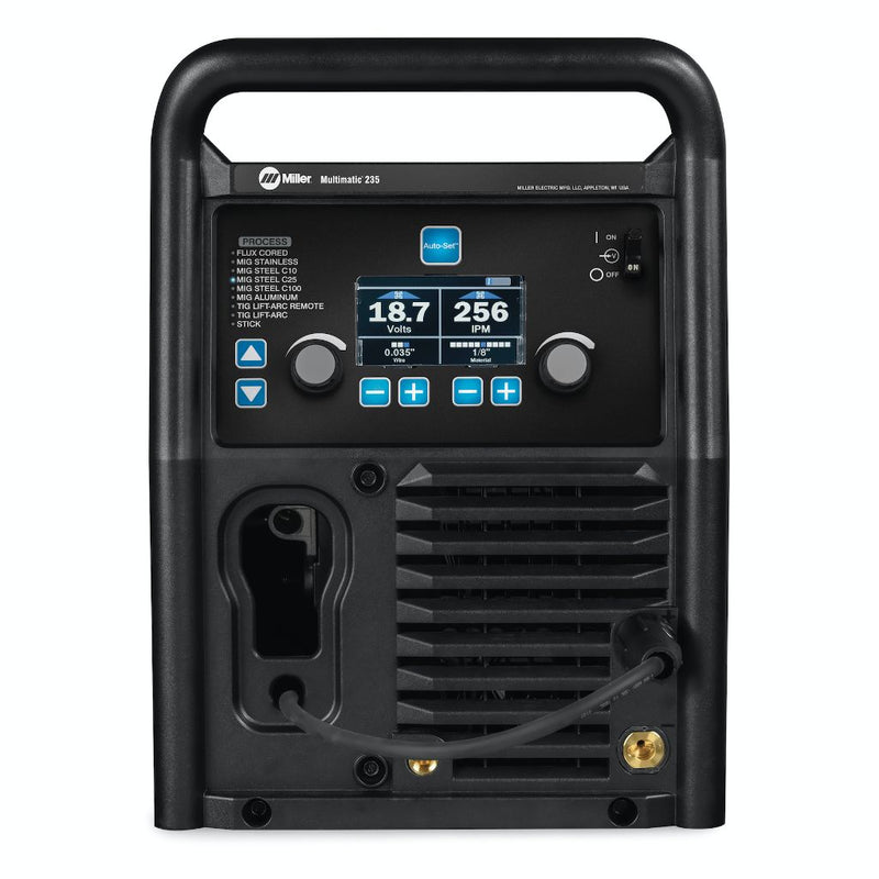 front panel of miller multimatic 235 welder showing controls and ports