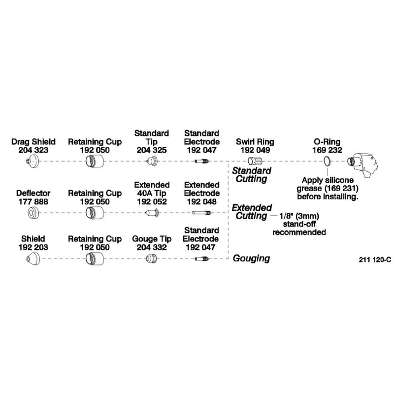 parts diagram of miller ice-40 plasma torch showing drag shield 204323 in top left quadrant