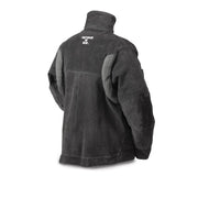 angled image of back of miller black leather welding jacket