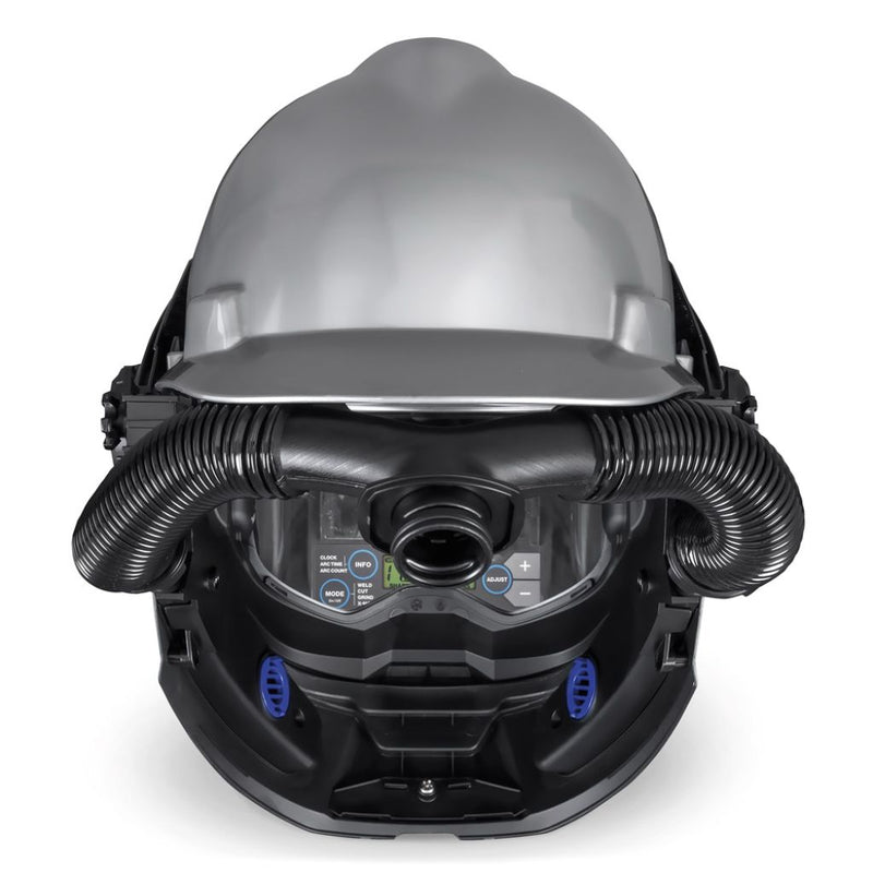 rear view of miller t94ih-r hard hat papr welding helmet showing the dual air flow manifold