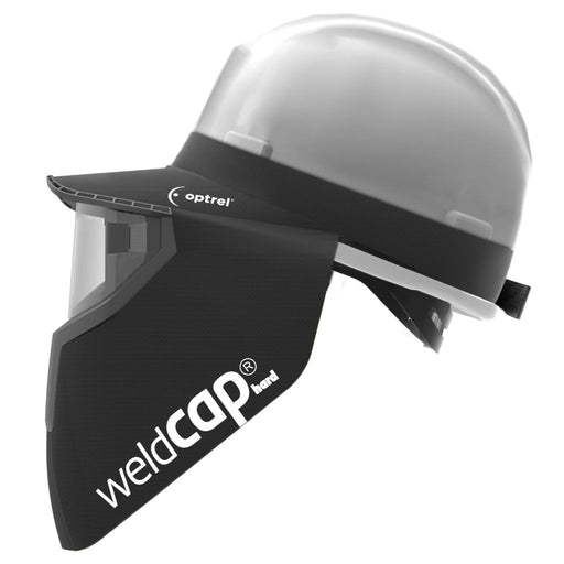 side angle of optrel weldcap hard installed on white hard hat