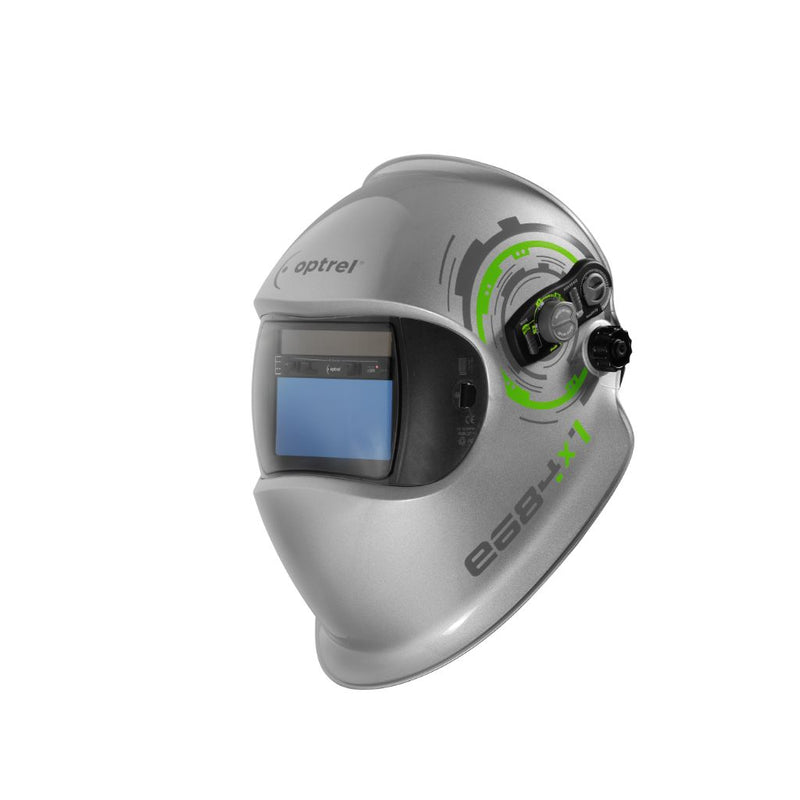 optrel e684 silver welding helmet angle view