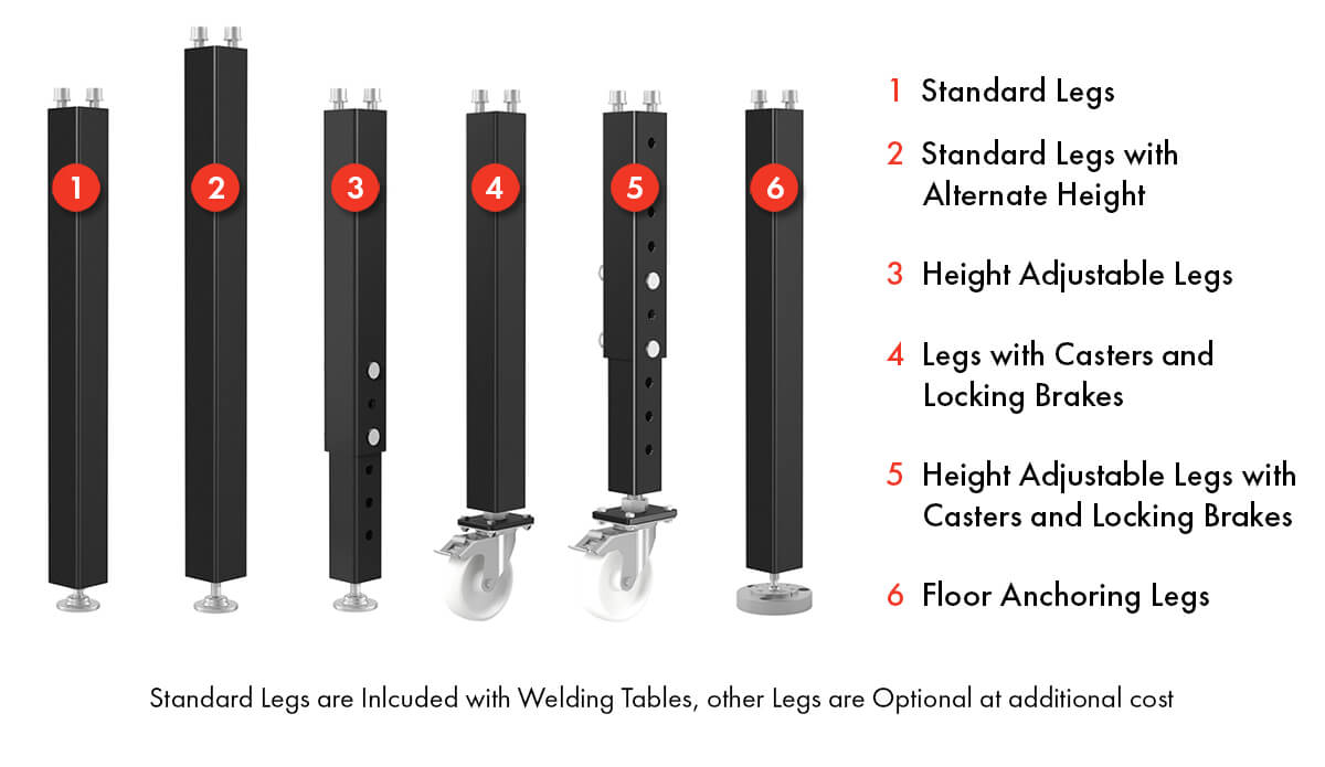leg options available for siegmund system 16 welding tables