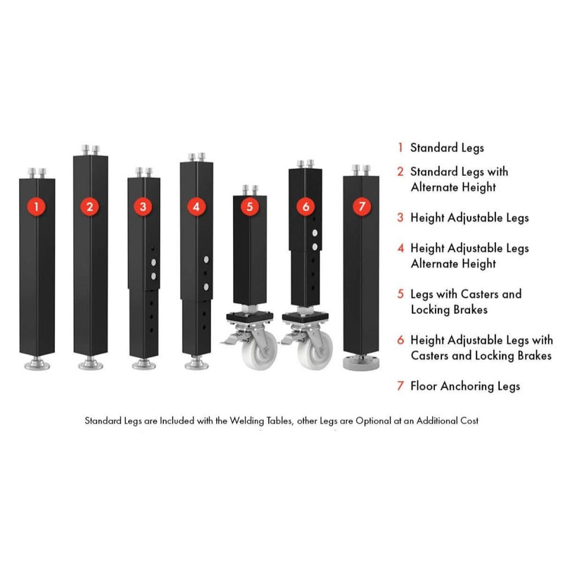 leg options available for siegmund system 28 welding table