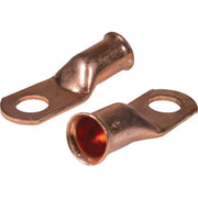two copper solder on cable lugs. One showing cavity for cable, other showing terminal connection