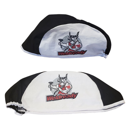black and white flame retardant welders beanie with the red weldready logo on the side