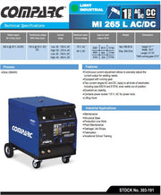 spec sheet of comparc mi 265 AC/DC stick welder