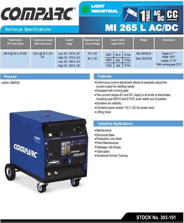 spec sheet of comparc mi 265 AC/DC stick welder