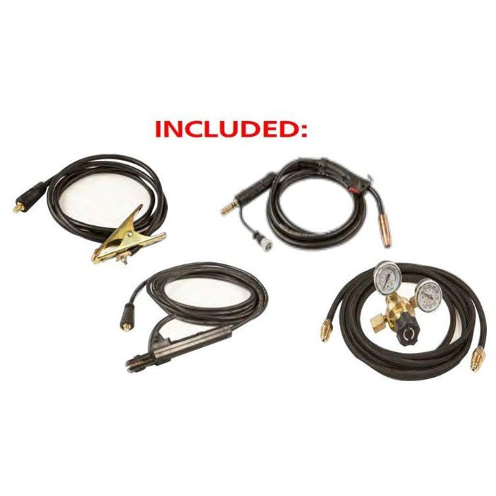 Included: Ground clamp, MIG torch, Stick stinger, Argon flow meter