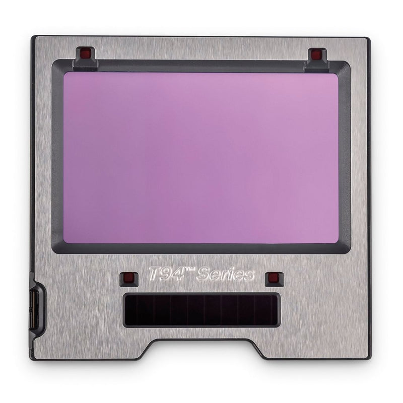 exterior lens of t94 miller welding helmet showing sensor bar