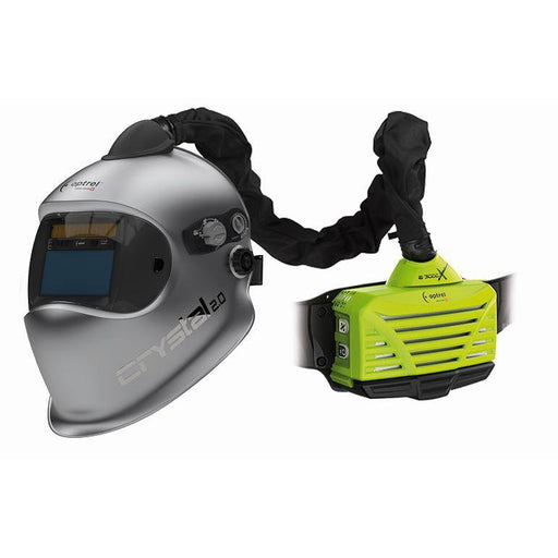 optrel crystal papr welding helmet facing left to show breathing hose connected to e3000x blower unit