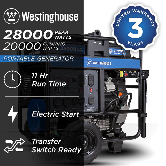 Westinghouse generator specs showing amount of run time 3 year warranty electric start 20000watts